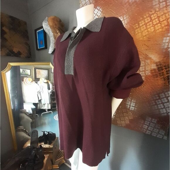 Zara Wool Blend Burgundy Polo Style Sweater with Gray Collar - Picture 14 of 14